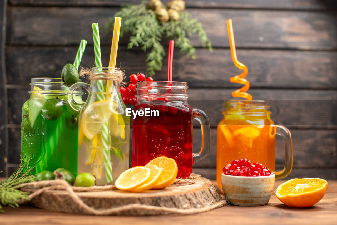 high angle view of drink in jars on table