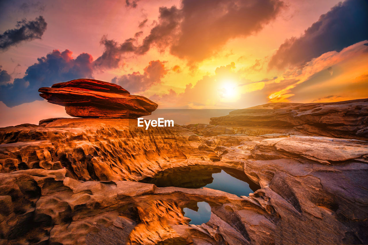 Rock formations against sky during sunset