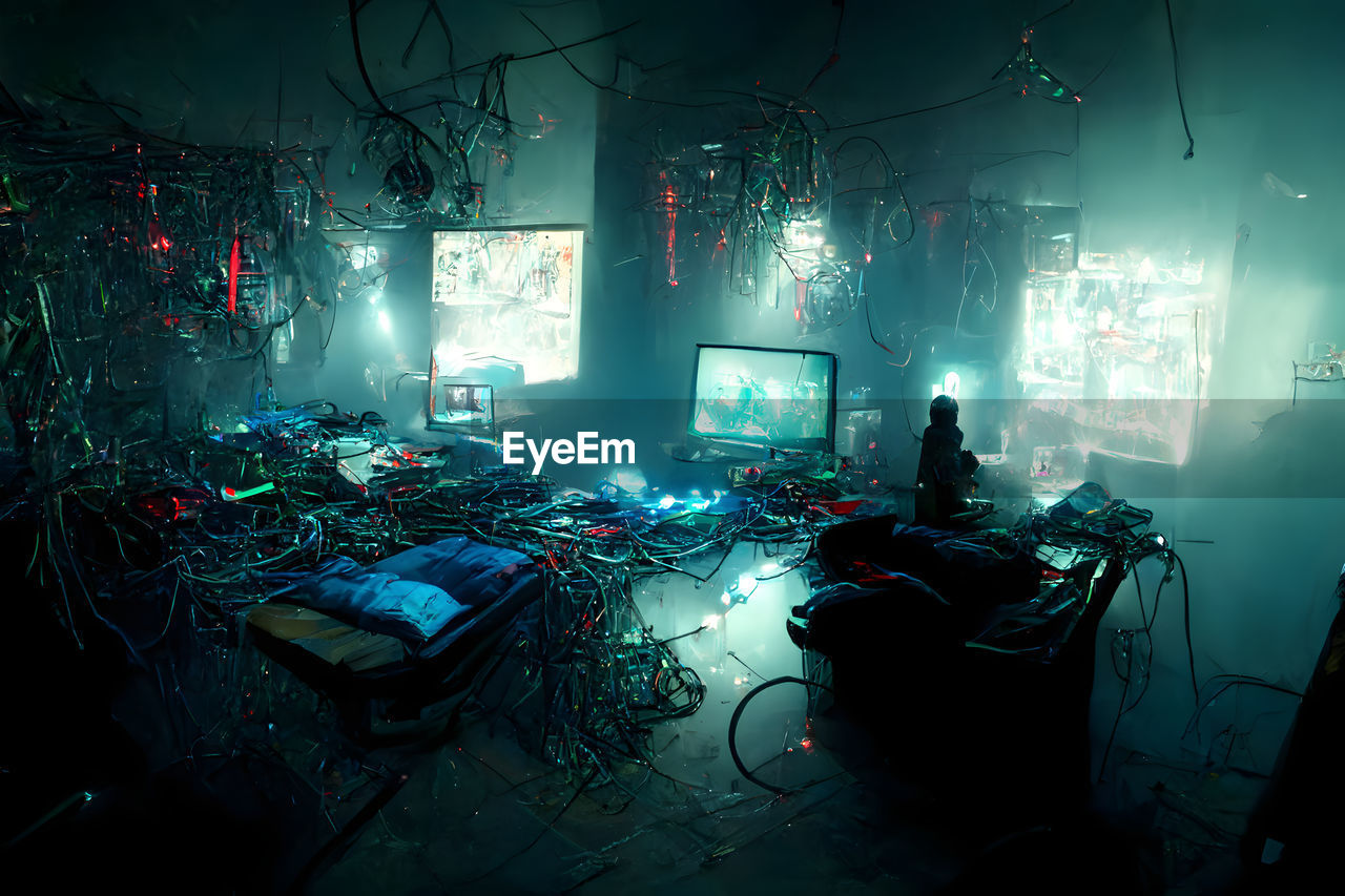 Messy cyberpunk hacker hideoutwith cyan christmas lights, neural network generated artdecorations