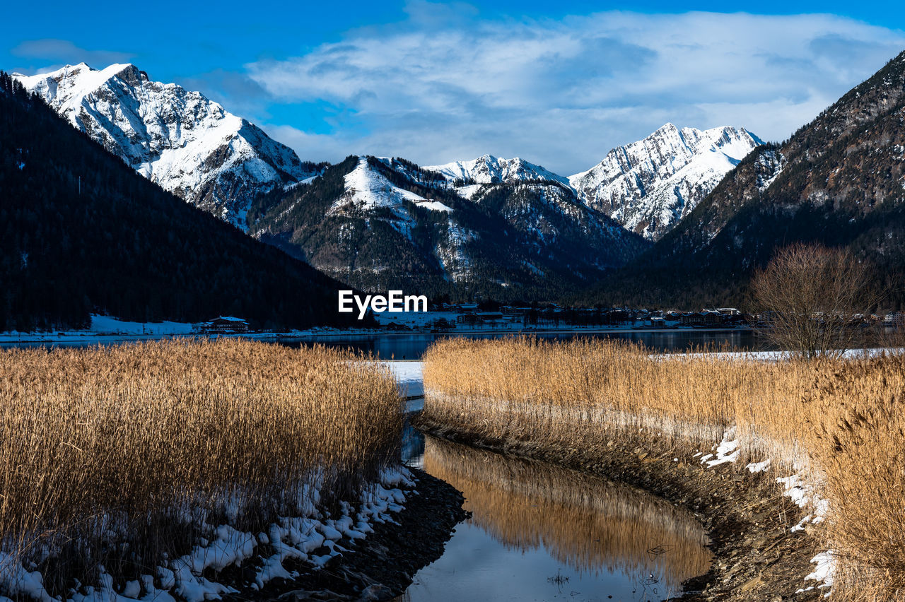 Scenic view of snowcapped mountains against sky