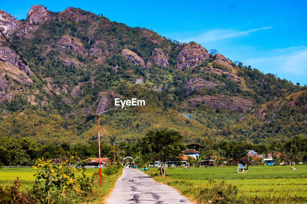 Road amidst trees and mountains against sky