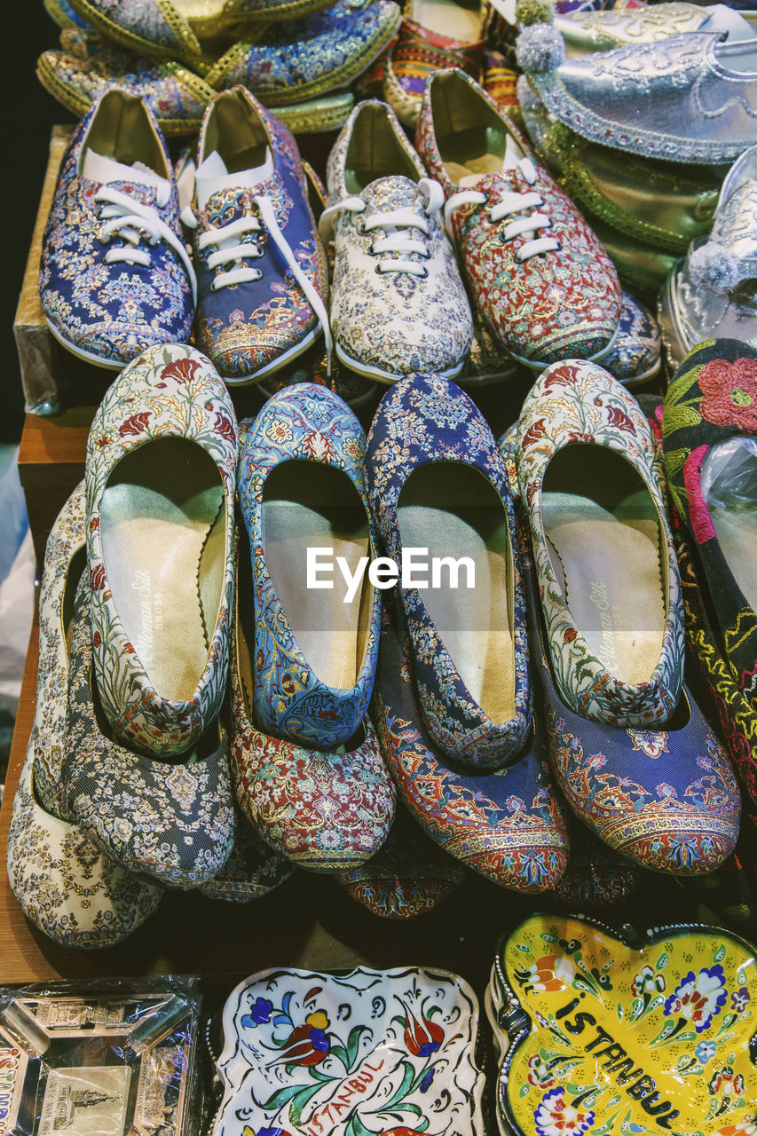 High angle view of shoes at market