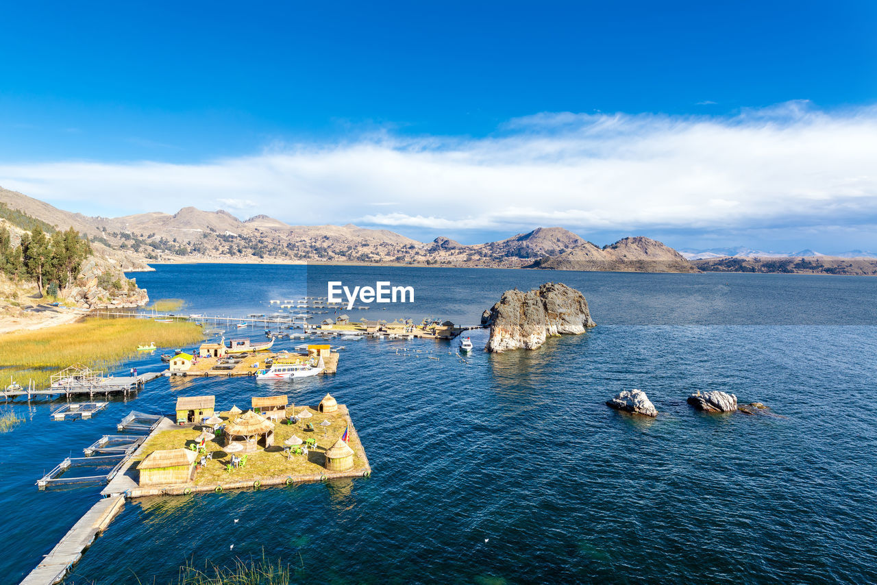 High angle view of floating islands on lake titicaca