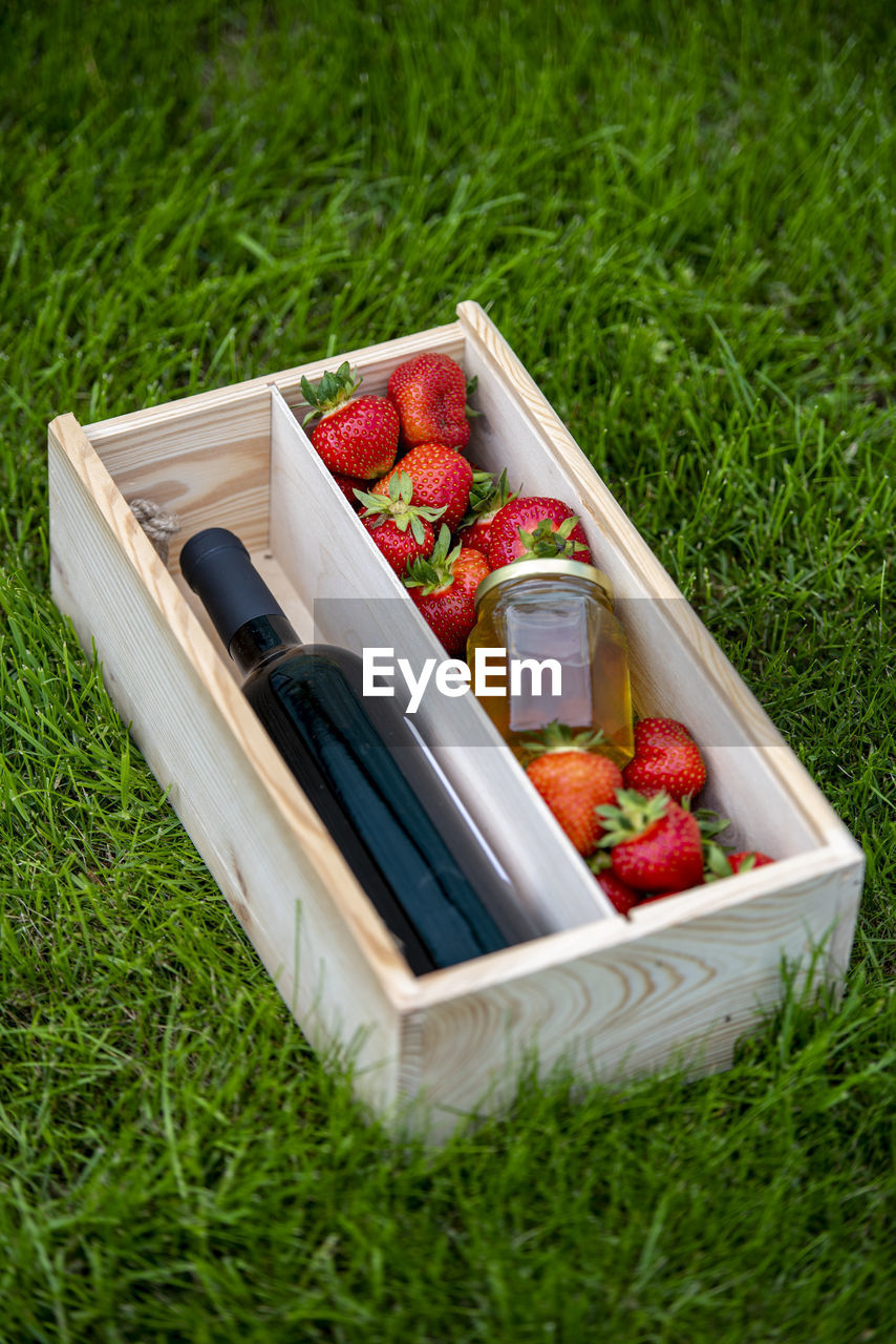 grass, food and drink, plant, food, healthy eating, fruit, container, freshness, vegetable, strawberry, berry, wellbeing, nature, picnic, field, green, red, lawn, no people, box, day, high angle view, harvesting, basket, agriculture, summer, outdoors, land, meadow, tomato, produce, plain, organic