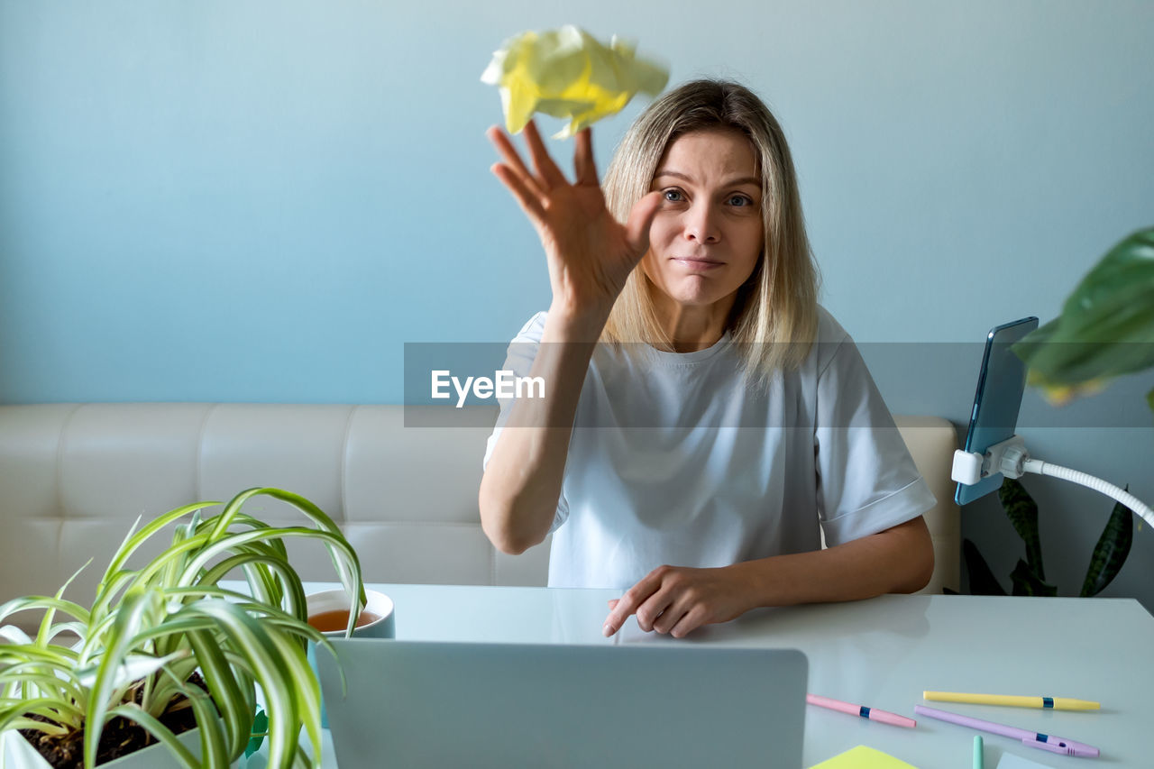 Woman in stress no ideas emotional burnout at work