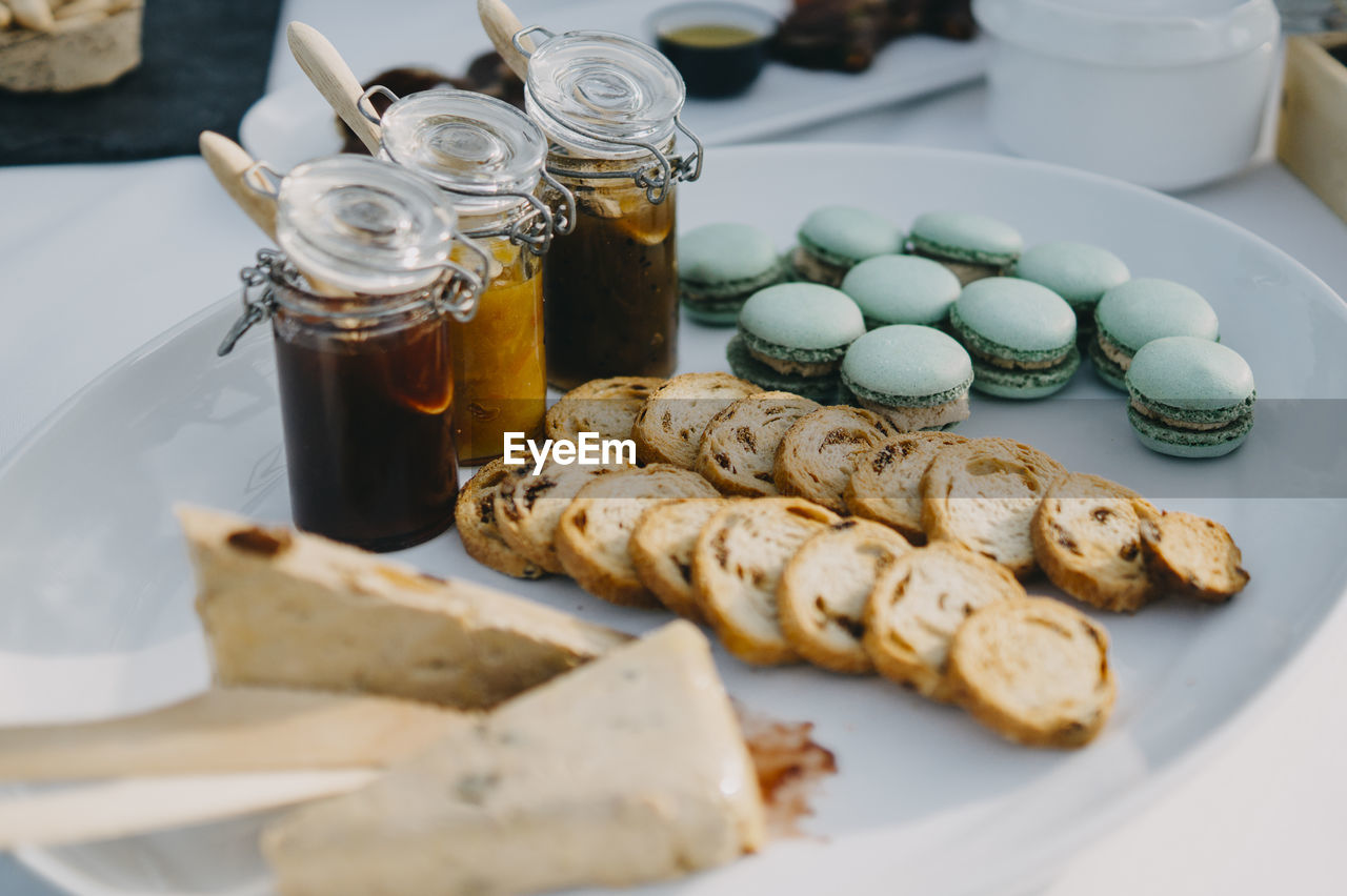 High angle view of bread in plate on table