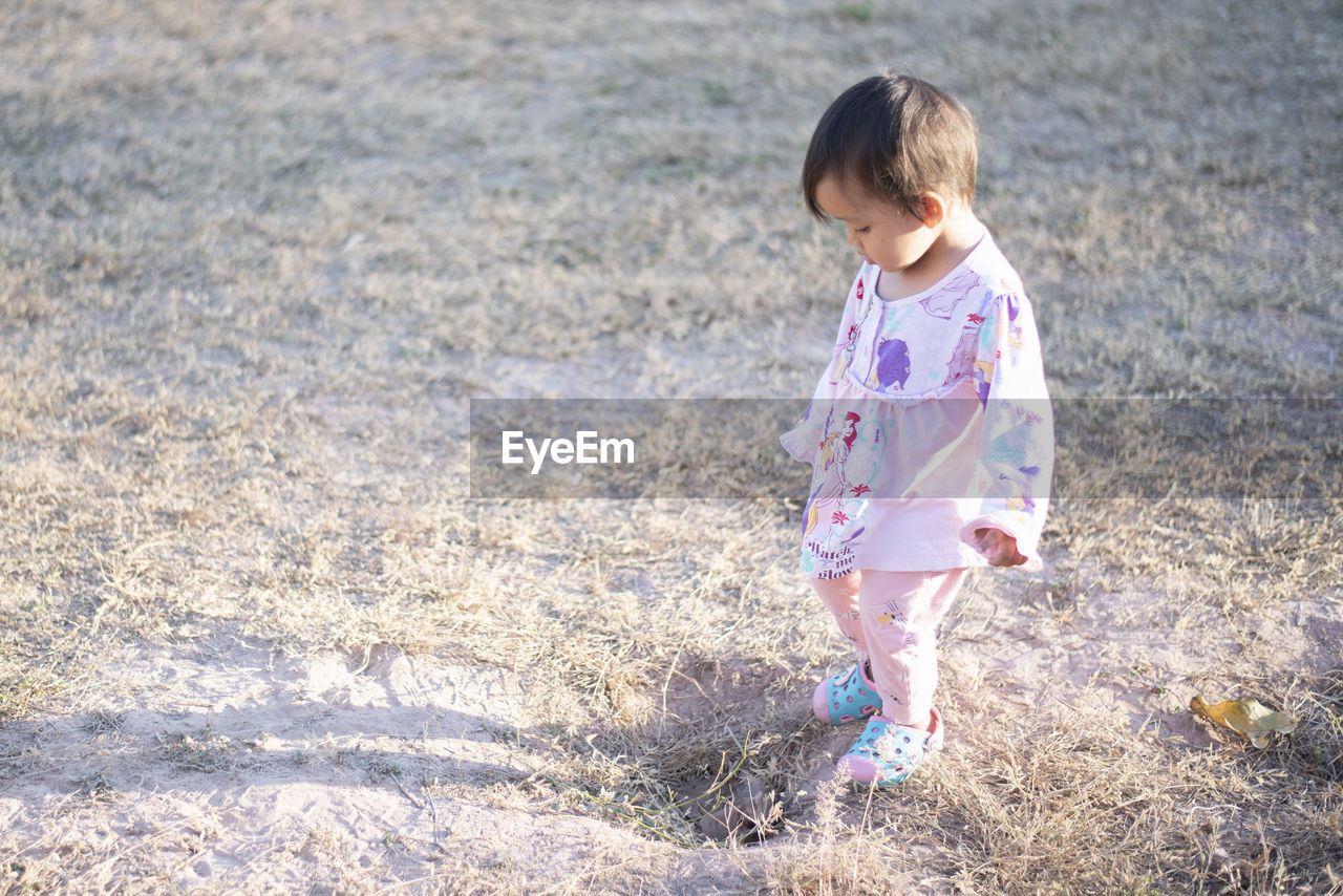 child, childhood, one person, full length, spring, innocence, nature, toddler, day, land, cute, casual clothing, person, baby, blue, baby clothing, clothing, looking, outdoors, babyhood, standing, sand, sunlight, high angle view, leisure activity, female, dress, lifestyles, walking, front view, women