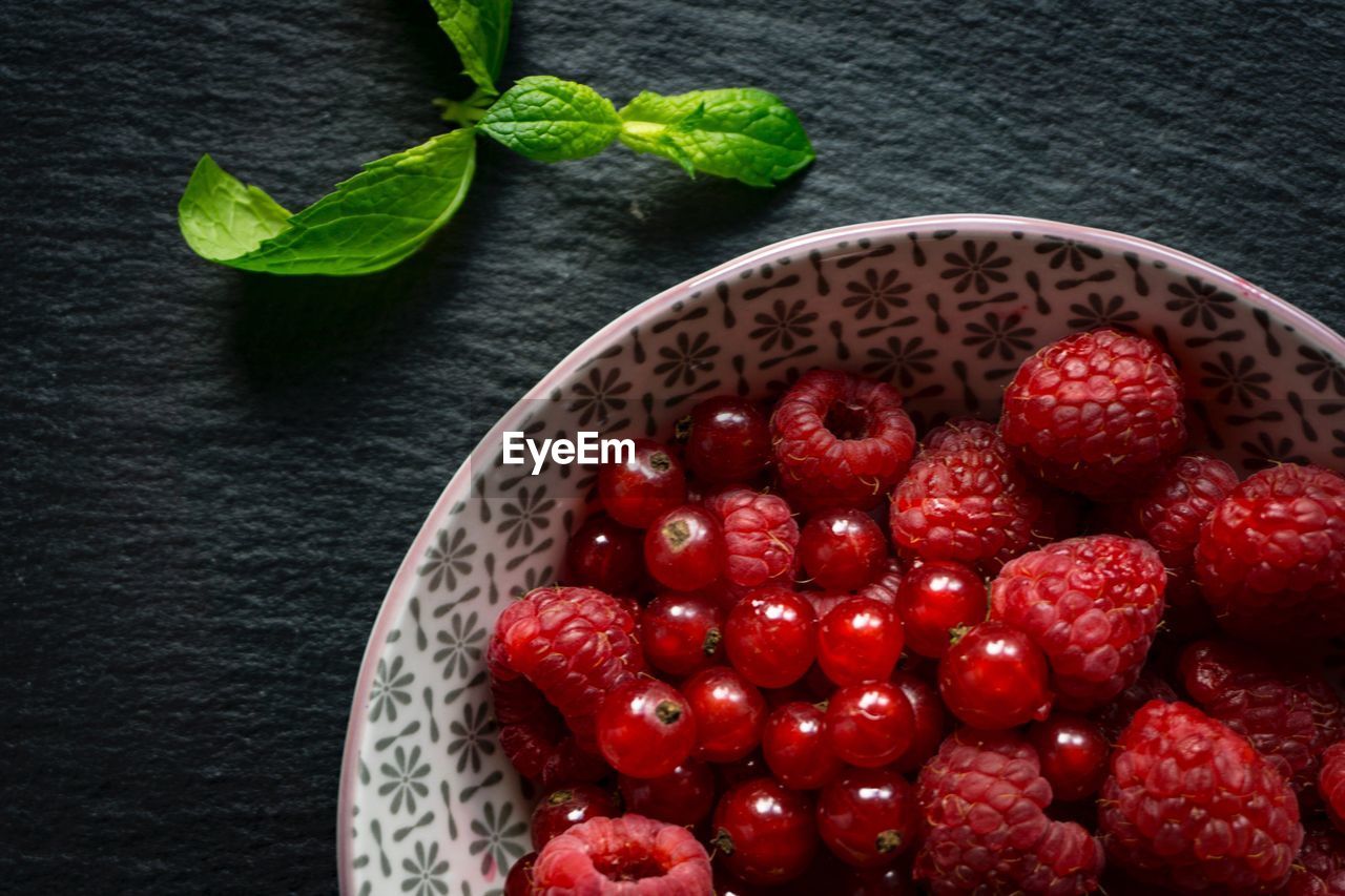 Close-up of berry fruits in bowl on table