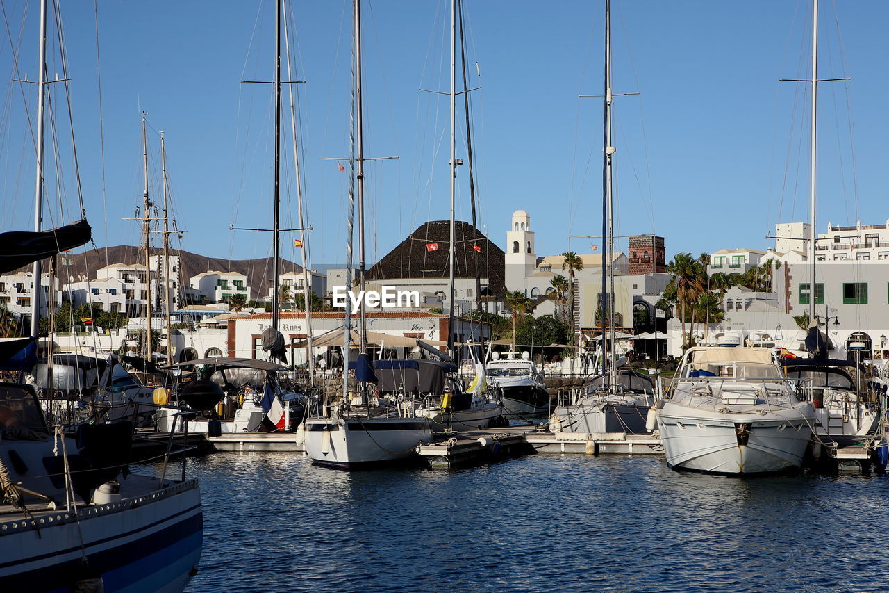Sailboats moored in harbor by city against clear sky