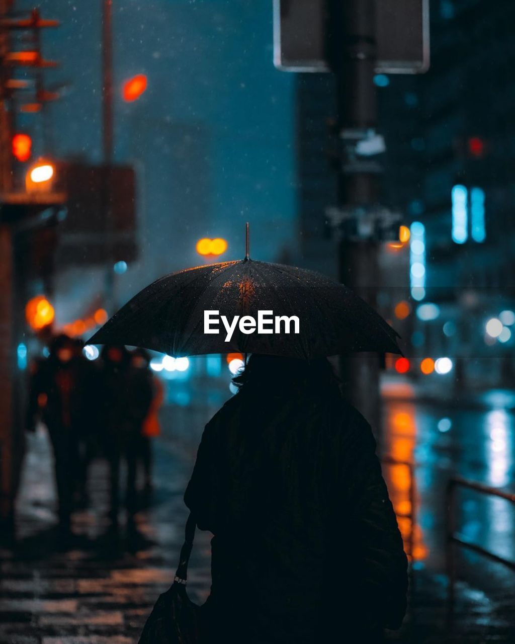 Rear view of woman walking on wet street during rainy season