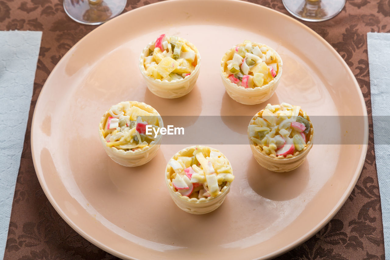 high angle view of dessert in plate on table