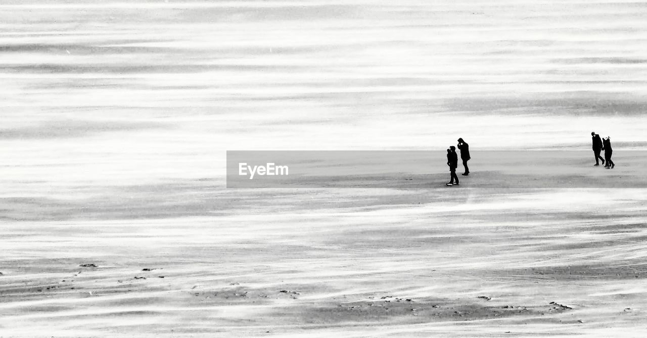 People walking on beach against sea