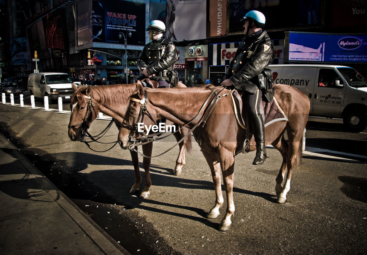 Cops riding horses in city