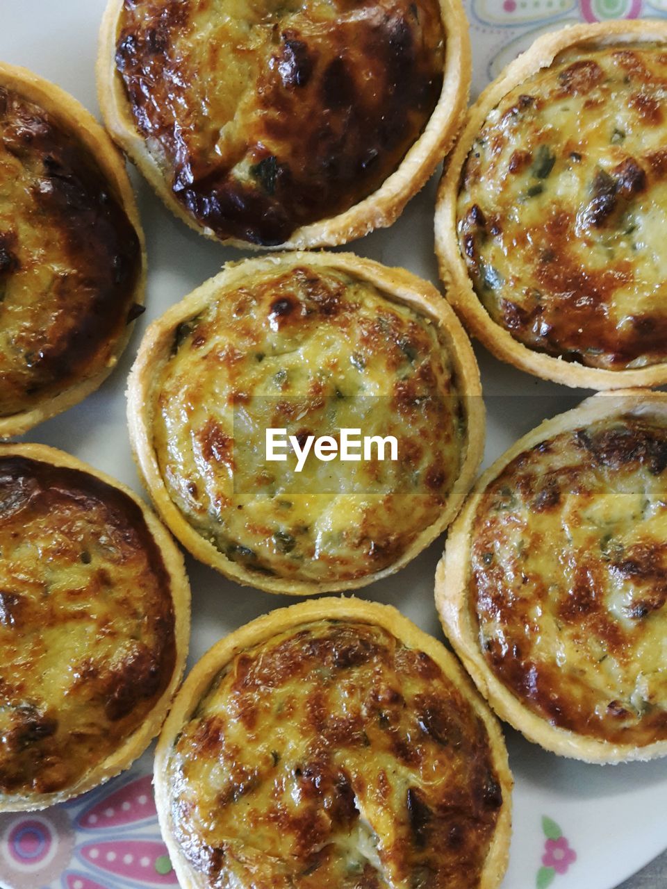 Directly above view of fresh quiche served in plate