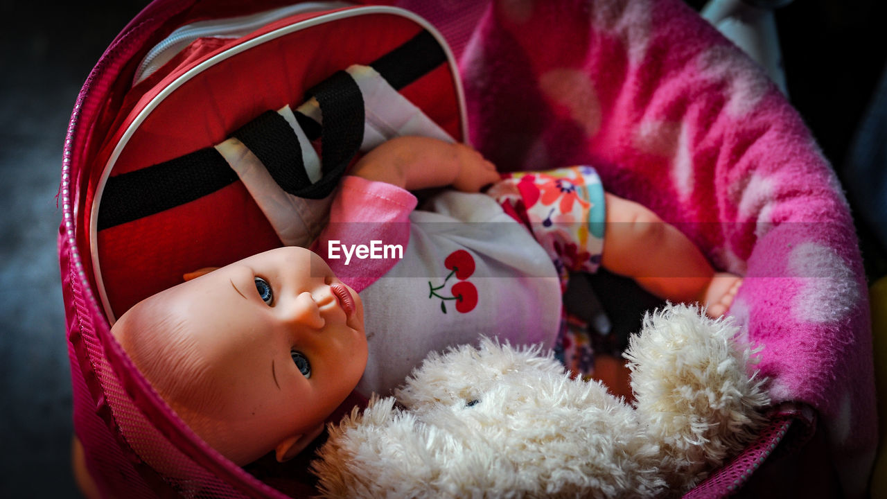 Doll and soft toys inside toy bag