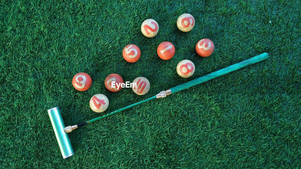 high angle view of medicines on grass