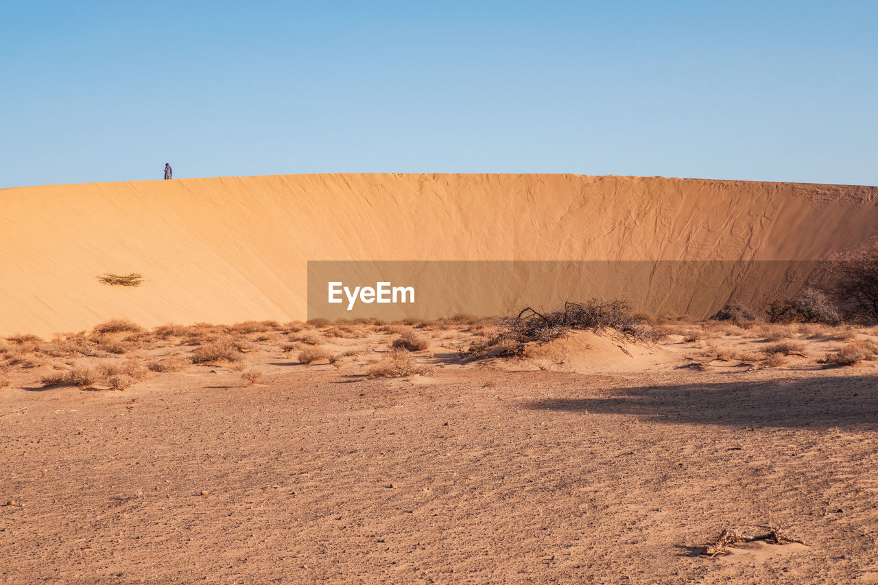 A tourist standing on a beautiful sand dune at north horr sand dunes in marsabit county, kenya