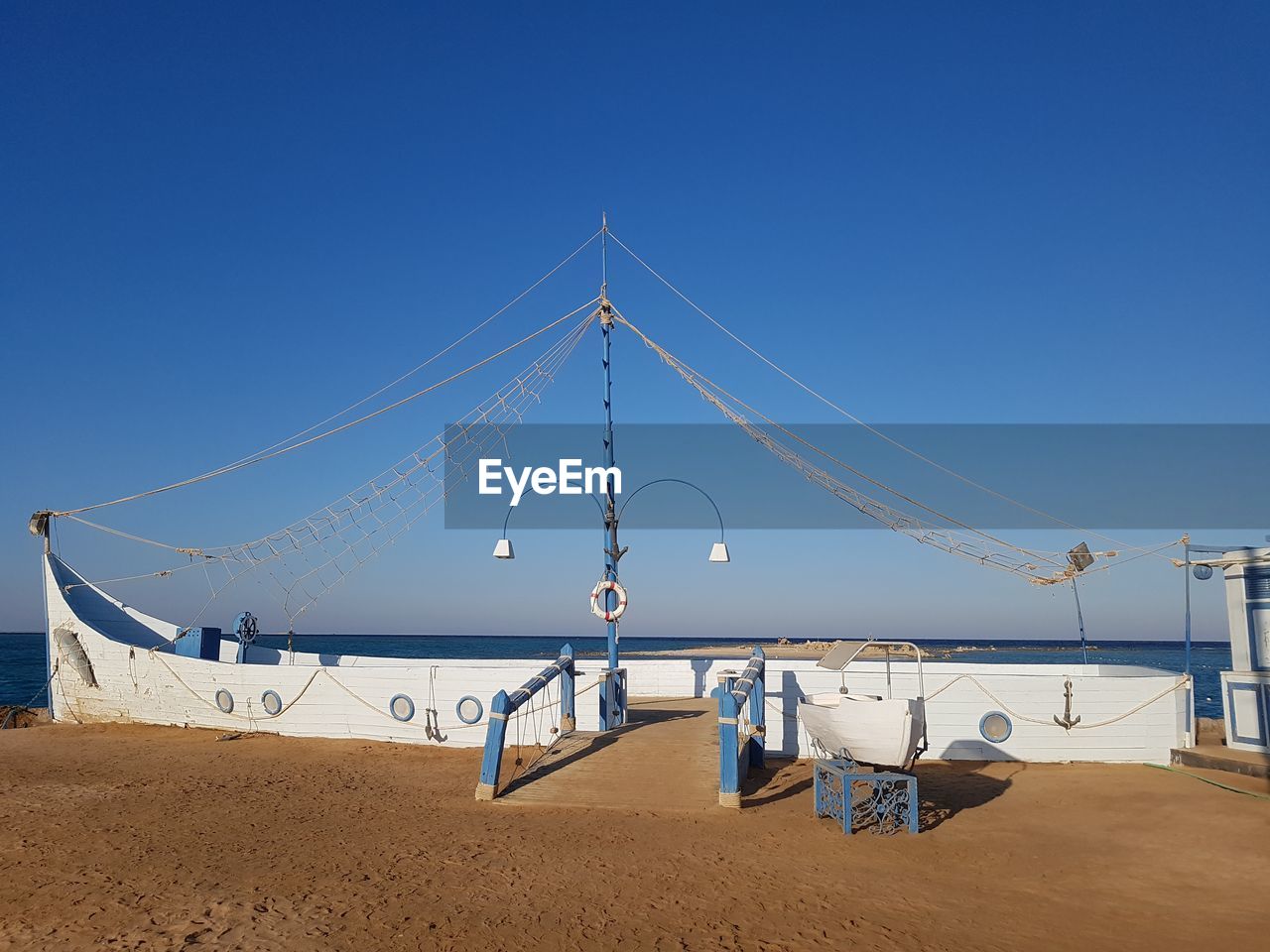 VIEW OF BEACH AGAINST CLEAR BLUE SKY