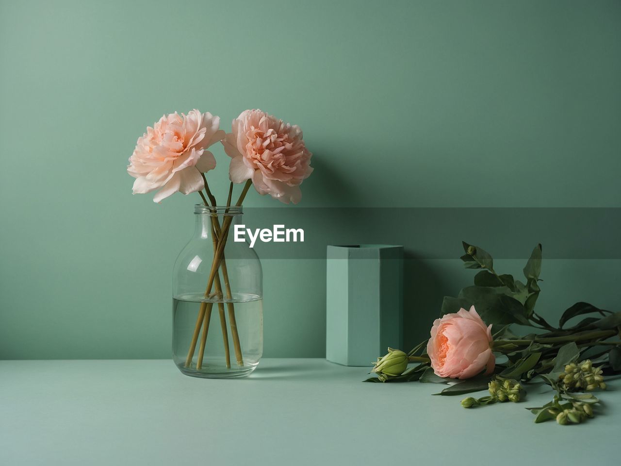 flowers in vase against wall