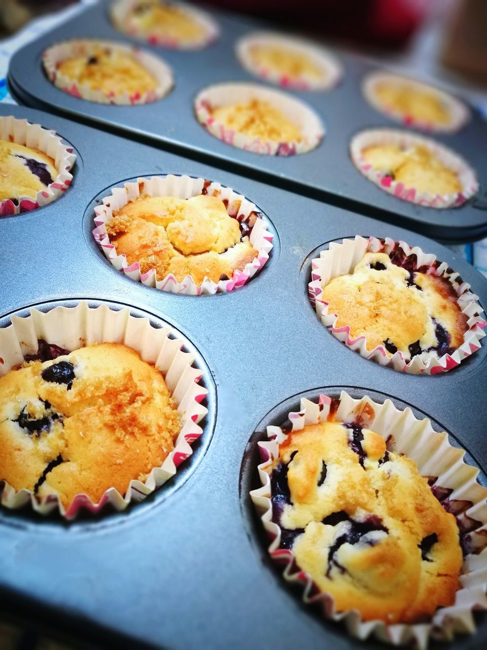 High angle view of cupcakes in baking sheet