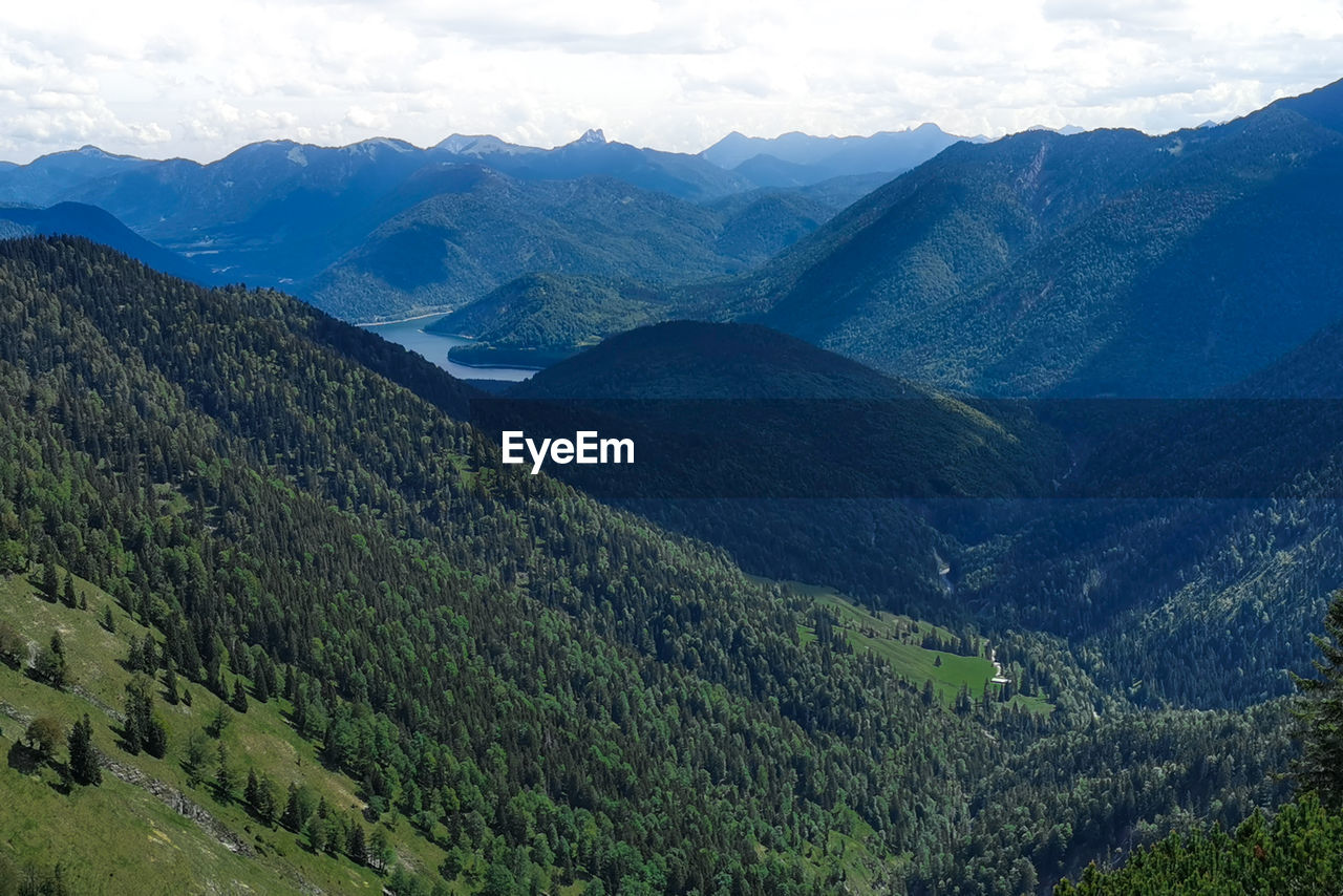 Scenic view from bavarian alps pirschschneid down to the valley and sylvensteinstausee 