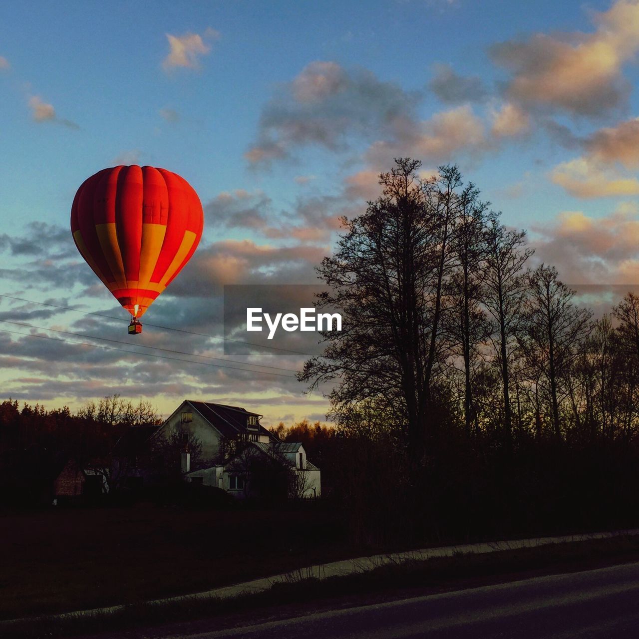 HOT AIR BALLOON FLYING OVER TREES AGAINST SKY