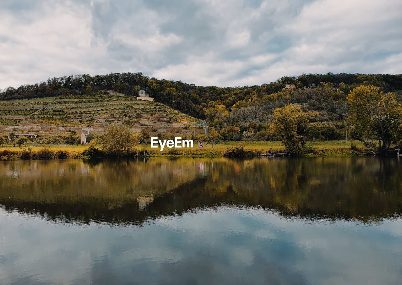 REFLECTION OF TREES IN LAKE AGAINST SKY