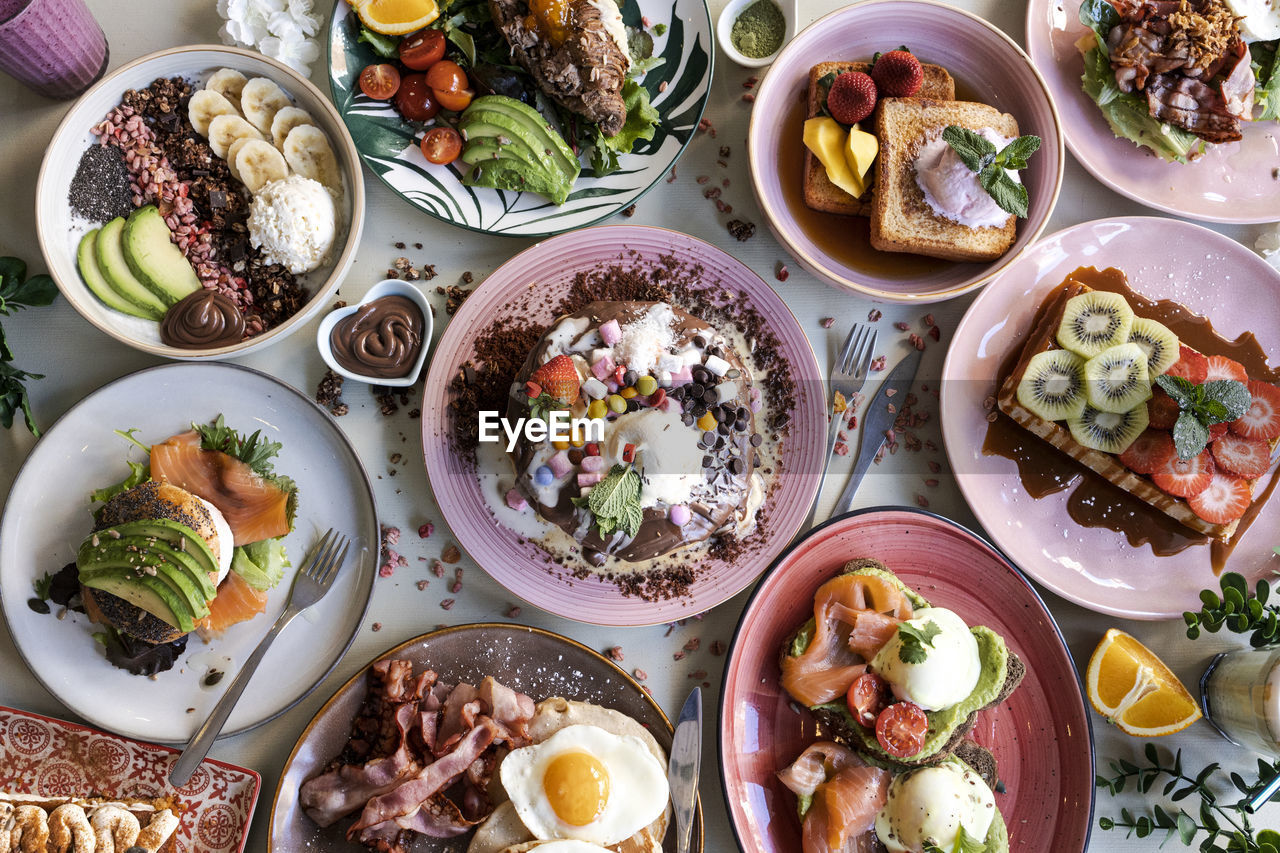 Lunch. family breakfast or brunch served on a table. aerial view.