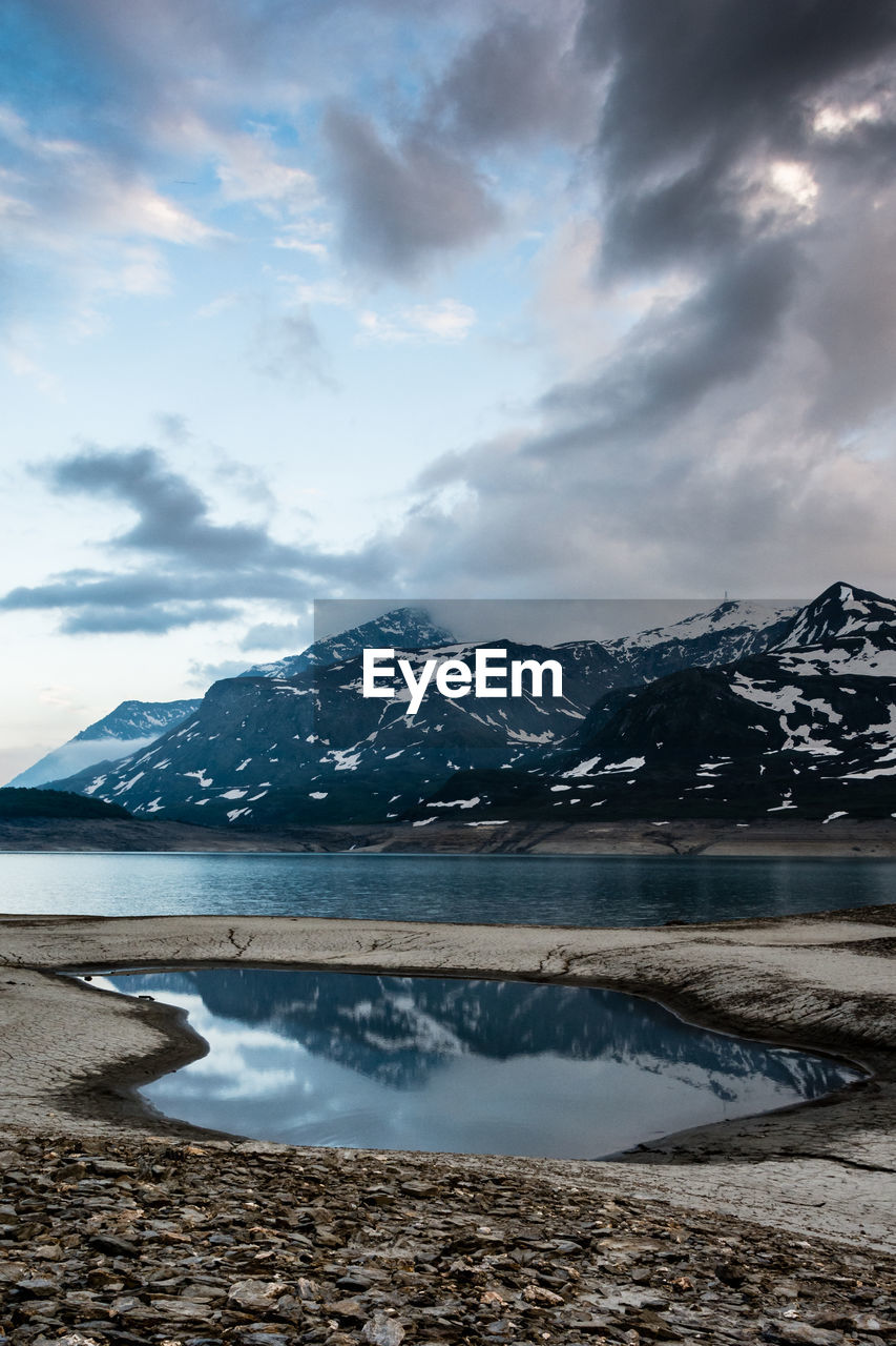 Scenic view of lake and mountains against sky