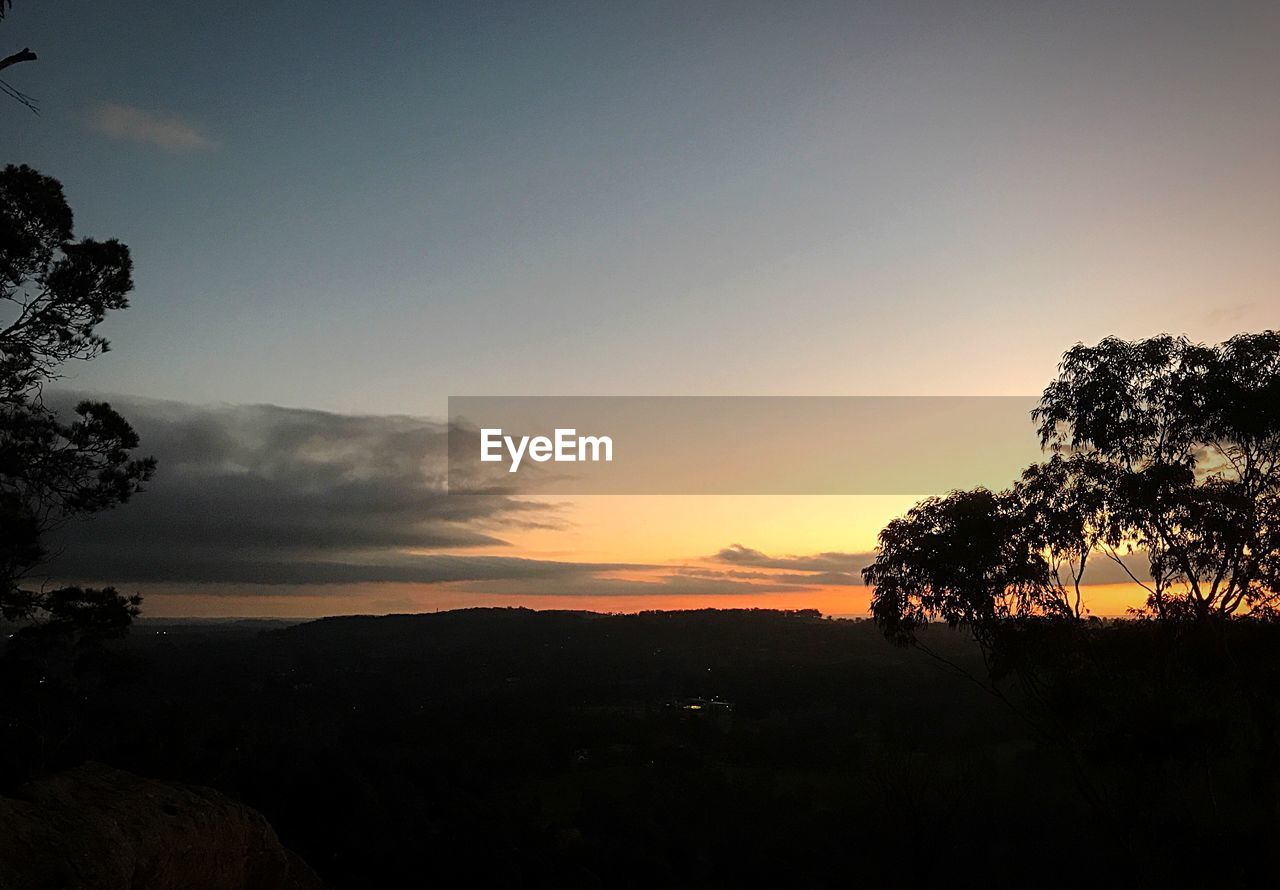 SILHOUETTE TREES ON LANDSCAPE AGAINST SKY AT SUNSET