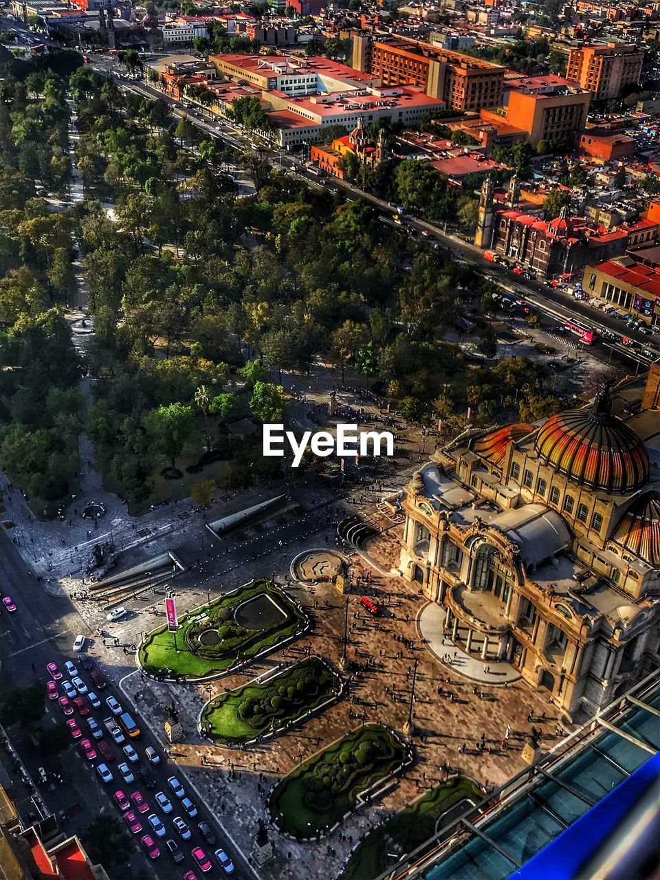 HIGH ANGLE VIEW OF CITY STREET AND BUILDINGS