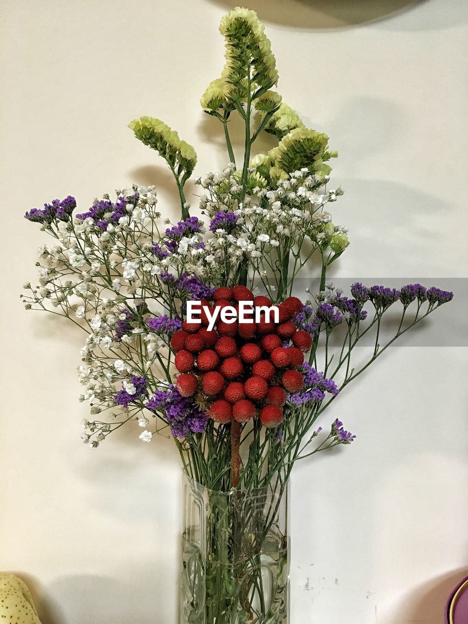 Various flowers against white wall at home