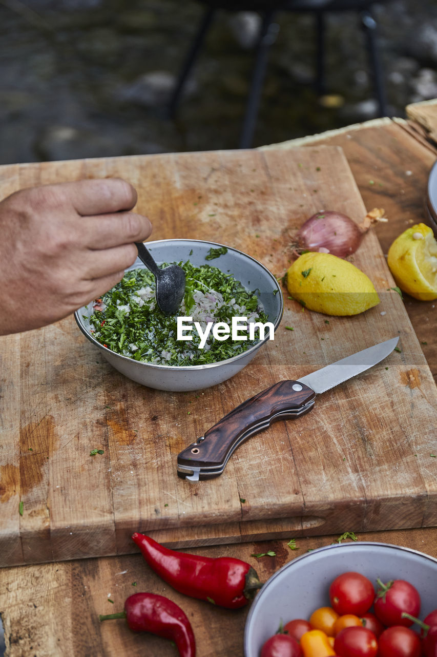 Chimichurri sauce made from scratch at campsite picnic