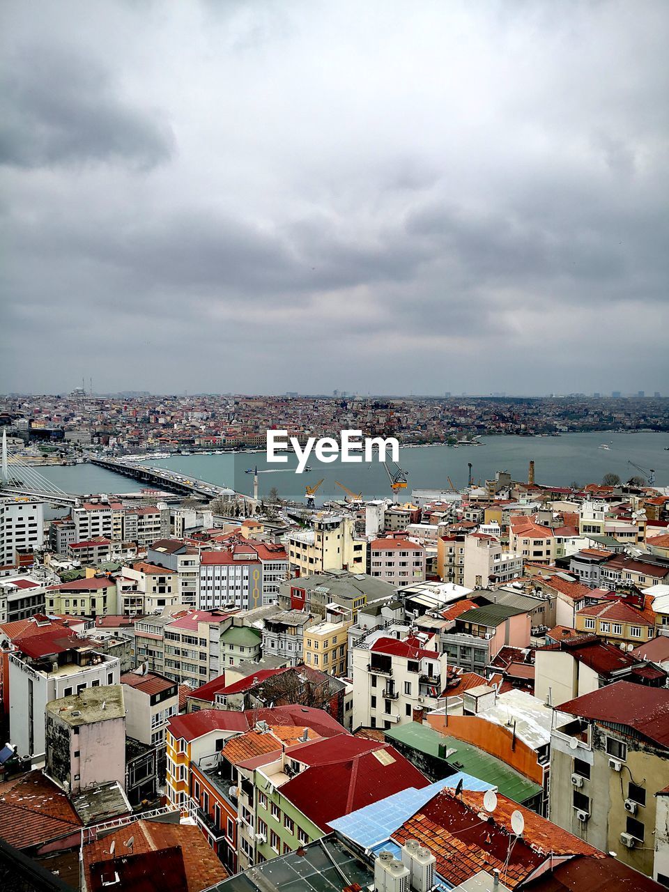 High angle view of buildings against sky
