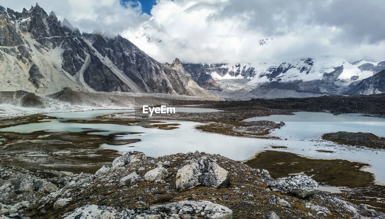 Scenic view of lake and snowcapped mountains against sky