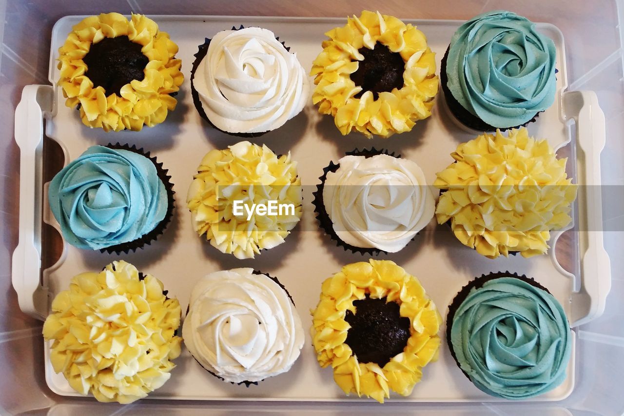 HIGH ANGLE VIEW OF VARIOUS CUPCAKES ON FLOWER