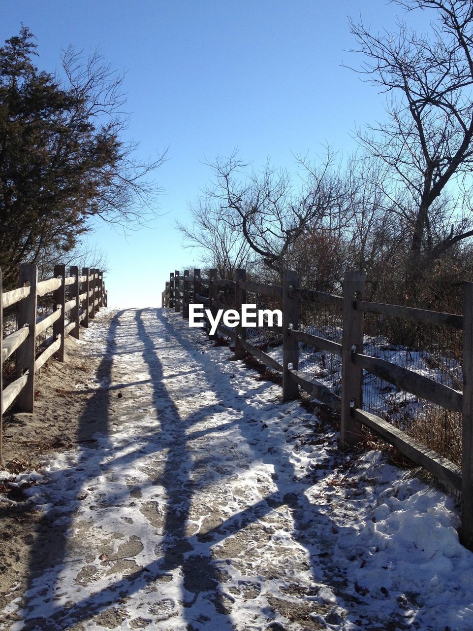 Frozen of footpath on field against clear blue sky