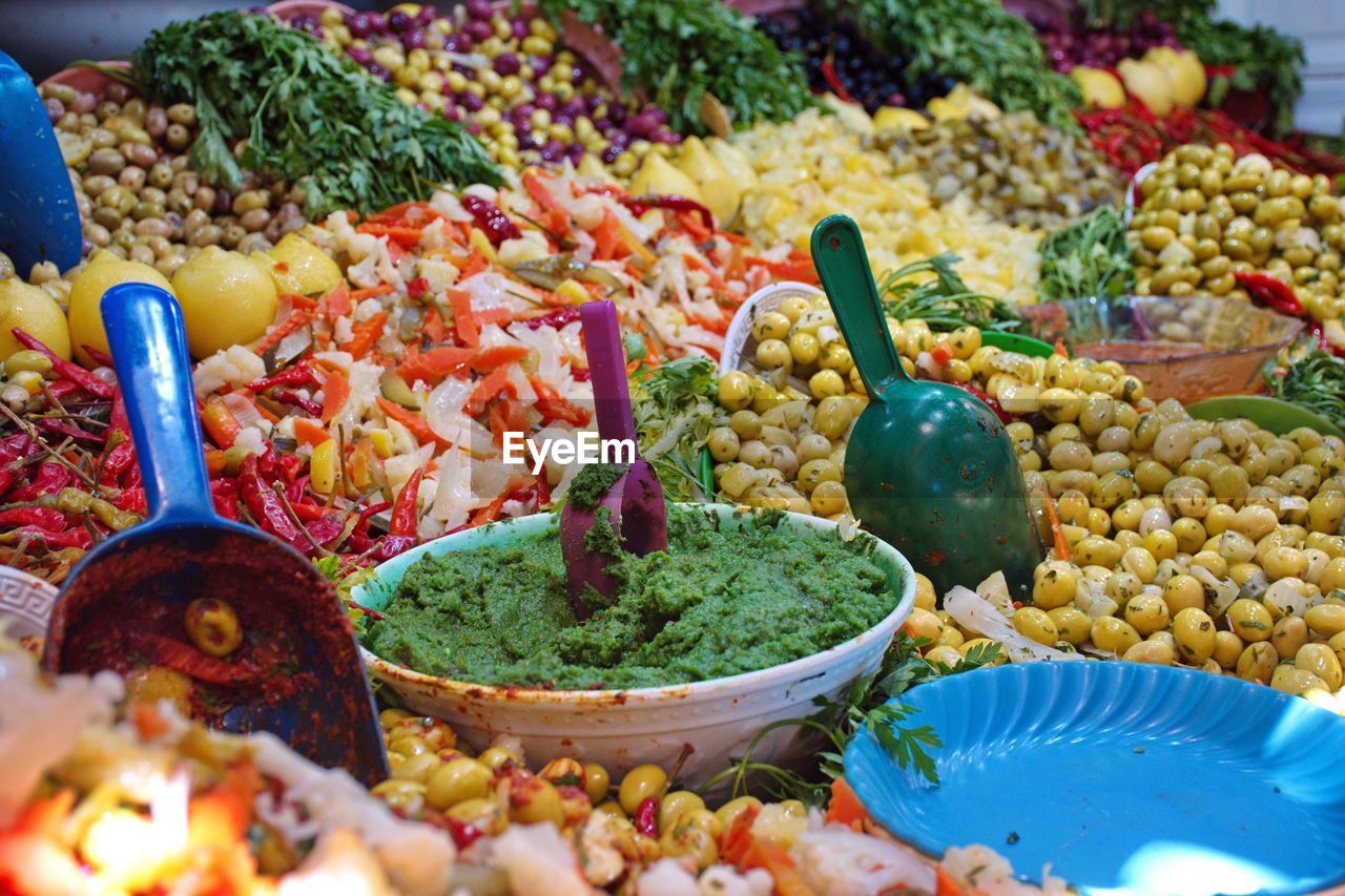 High angle view of the seeds and vegetables on the market