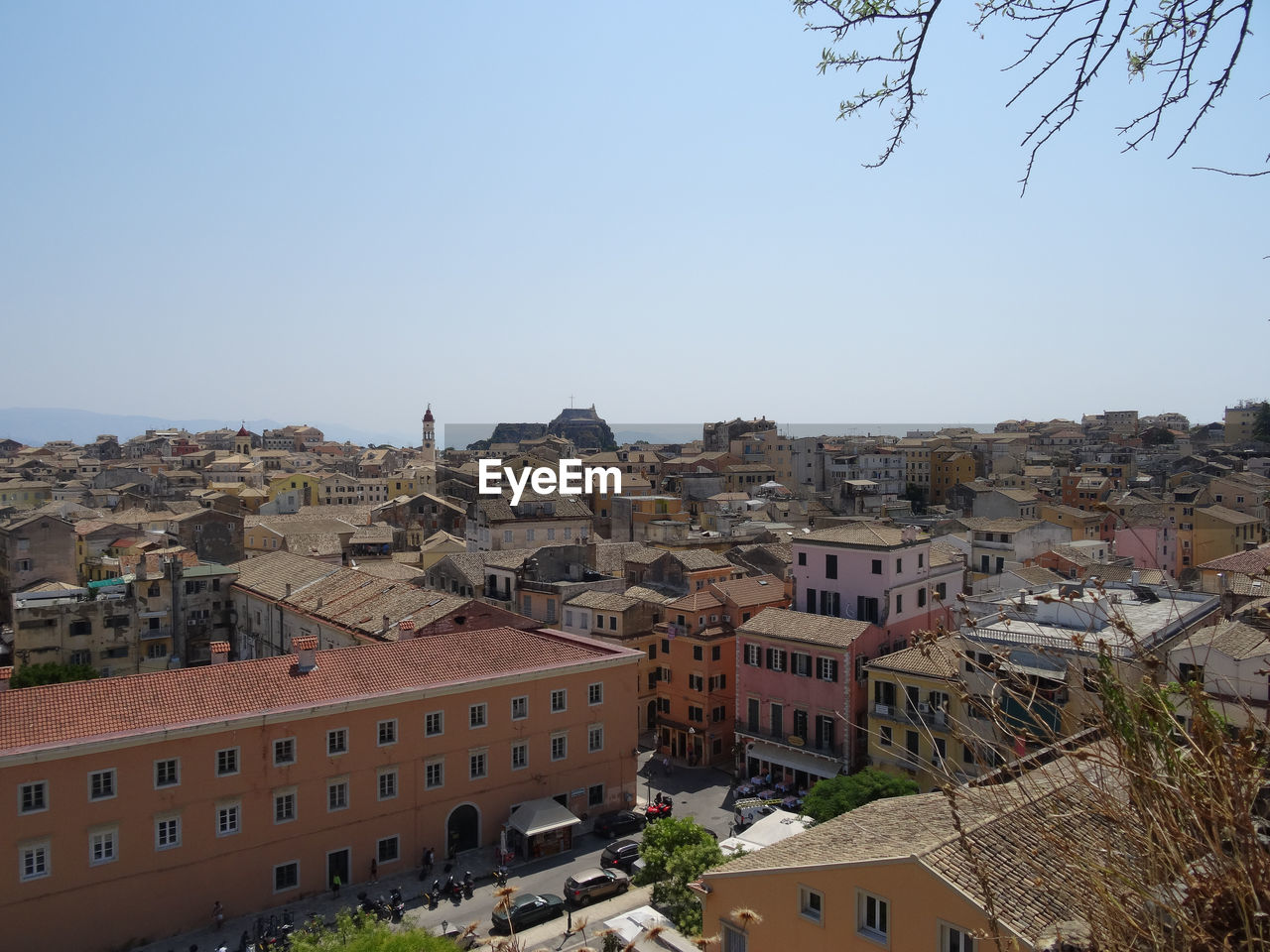 Aerial view of cityscape against clear sky