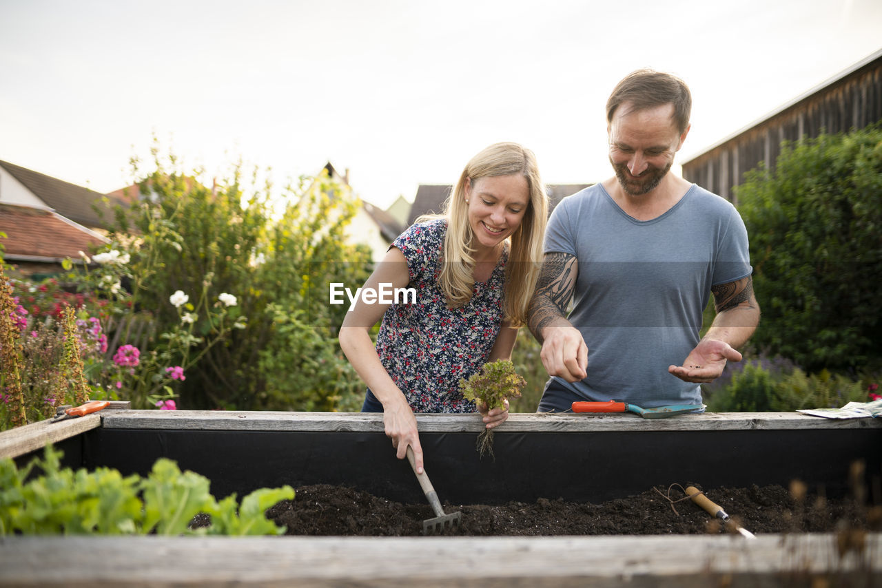 Woman sowing seed while planting in garden with boyfriend