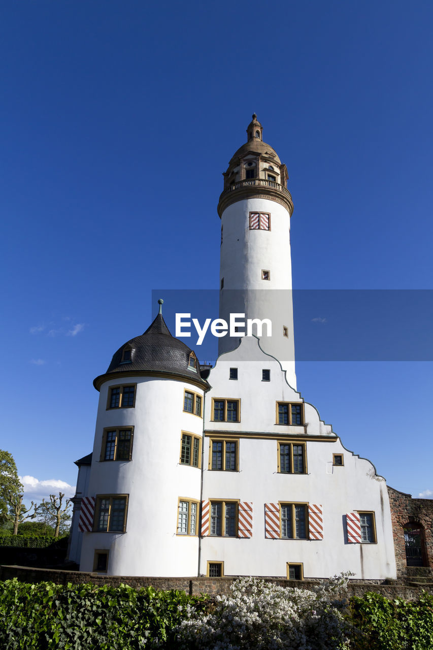 LOW ANGLE VIEW OF LIGHTHOUSE AMIDST BUILDINGS AGAINST CLEAR BLUE SKY