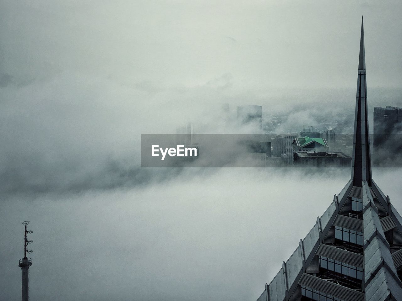 High angle view of buildings against sky during winter
