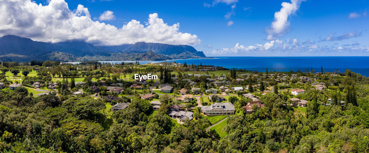 Aerial panorama of princeville and bali hai with hanalei bay in kauai in the distance
