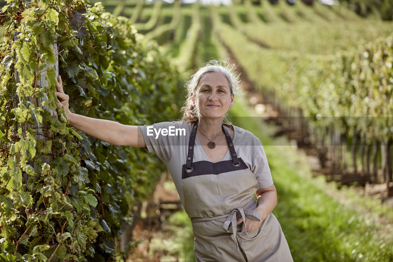 Smiling farmer with hand in pocket by grape vine at vineyard