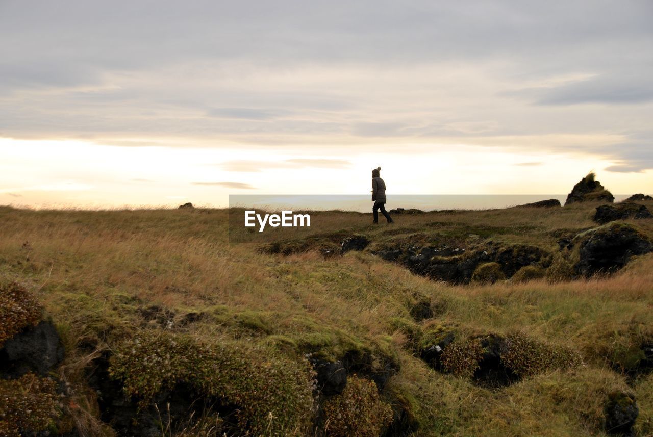 MAN WALKING ON GRASSY LANDSCAPE AGAINST SKY