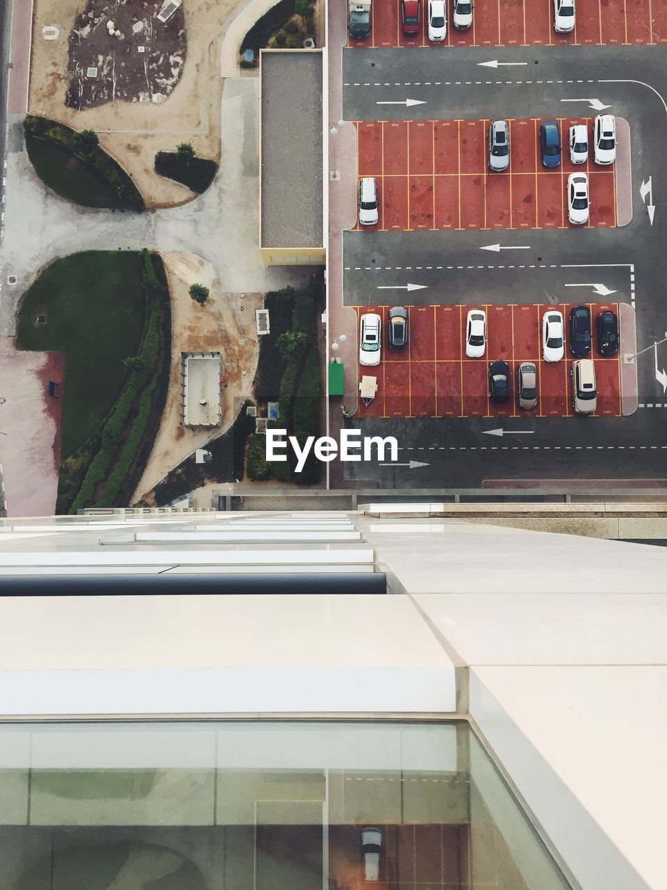 Overhead view of parking lot on roof