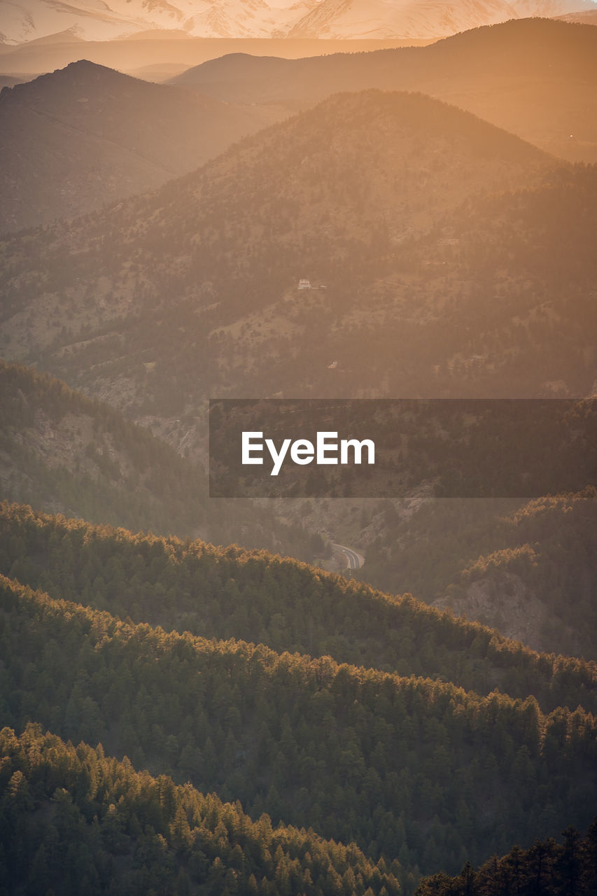 High angle view of landscape against sky during sunset