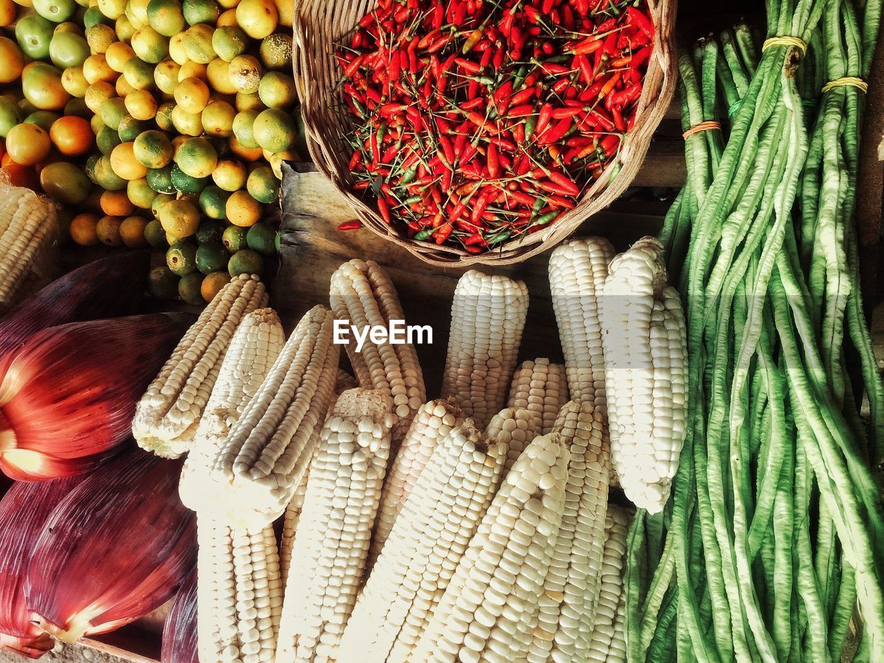 High angle view of vegetables in market for sale
