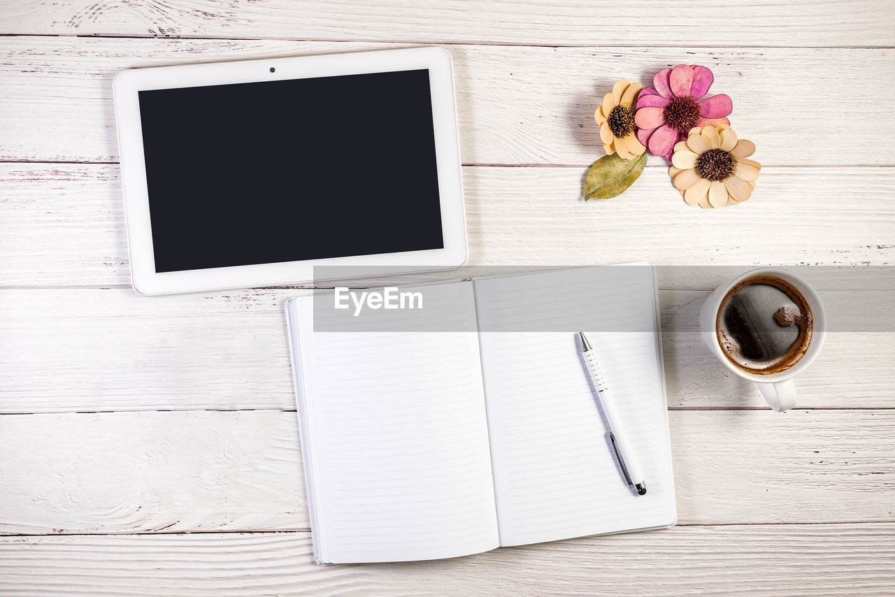 DIRECTLY ABOVE SHOT OF COFFEE CUP ON TABLE AGAINST WALL