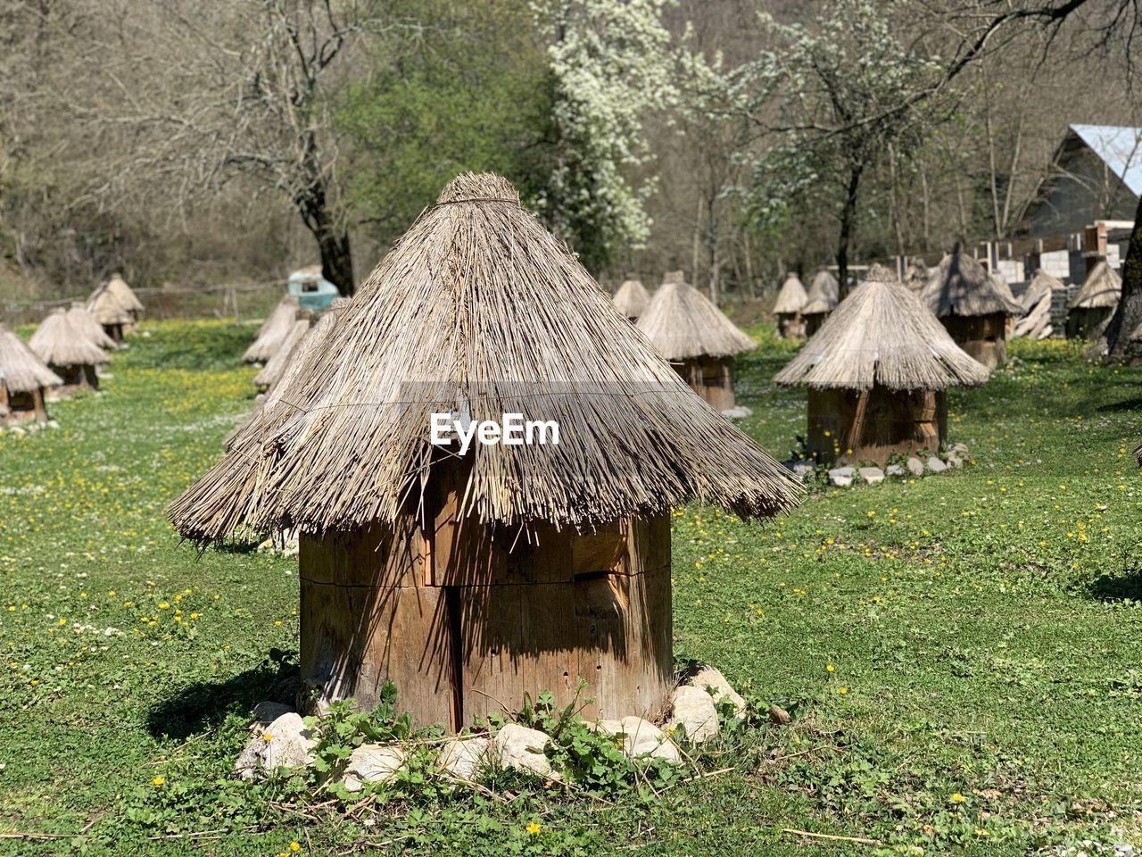 PANORAMIC VIEW OF HOUSES ON FIELD AGAINST TREES AND BUILDINGS